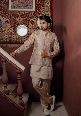 Coffee Riwaayat Marbelle Textured Embroidered Koti Kurta Pant Set - Coffee
