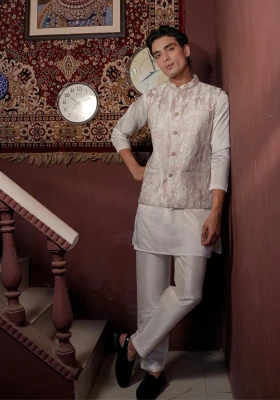 Ivory Riwaayat Marbelle Textured Embroidered Koti Kurta Pant Set - Ivory