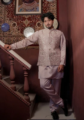 Lavender Riwaayat Marbelle Textured Embroidered Koti Kurta Pant Set - Lavender