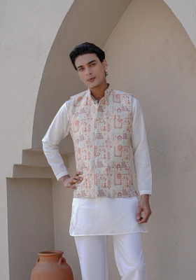 Heritage Peach Riwaayat Woven Koti with Kurta - Peach