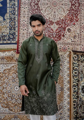 Olive Green Gulzar Naqsh Embroidered Kurta - Green