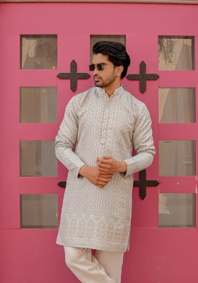 Grey Nazakat Belrekha Jacquard Kurta - Grey