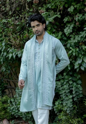 Ice Mint Noorjaal Rekha Embroidered Kurta Dupatta Set - Blue