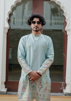 Sky Blue Sheher Naqsh Embroidered Kurta